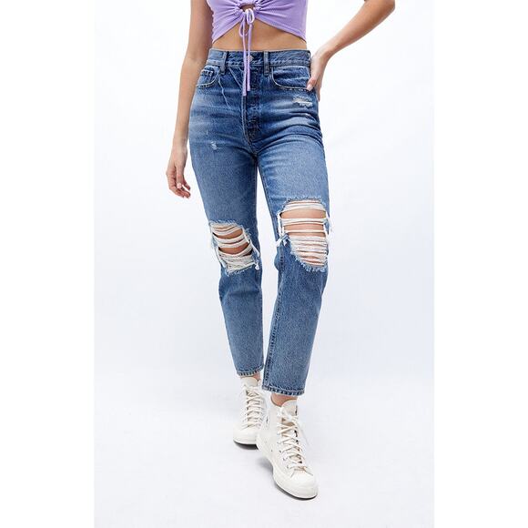 PacSun Blue Button Fly Distressed Ultra High Rise Slim Fit Jeans Size 28 - Picture 1 of 16